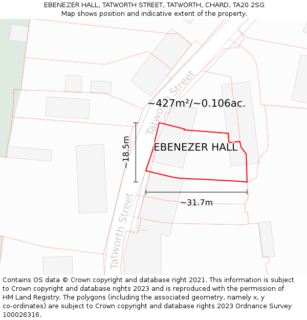 EBENEZER HALL, TATWORTH STREET, TATWORTH, CHARD, TA20 2SG: Plot and title map