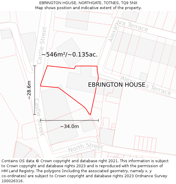 EBRINGTON HOUSE, NORTHGATE, TOTNES, TQ9 5NX: Plot and title map