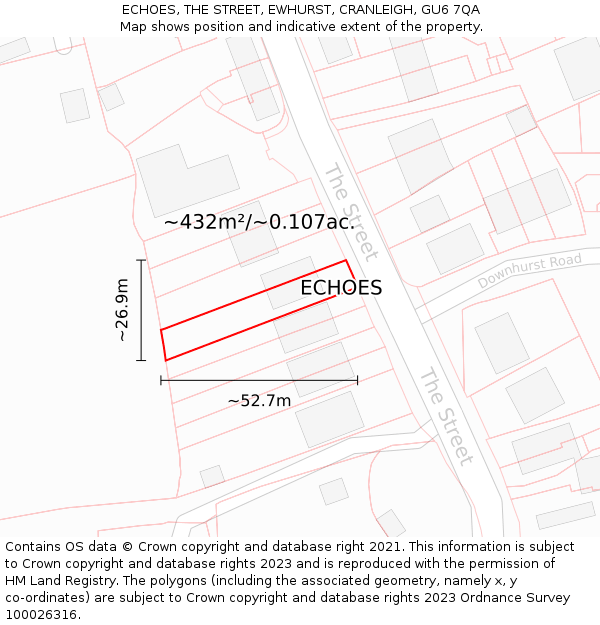 ECHOES, THE STREET, EWHURST, CRANLEIGH, GU6 7QA: Plot and title map