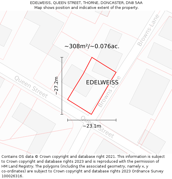 EDELWEISS, QUEEN STREET, THORNE, DONCASTER, DN8 5AA: Plot and title map