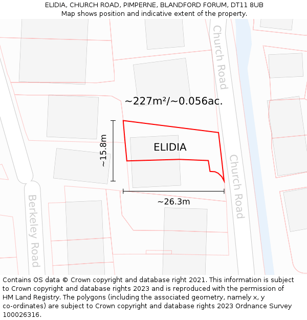 ELIDIA, CHURCH ROAD, PIMPERNE, BLANDFORD FORUM, DT11 8UB: Plot and title map