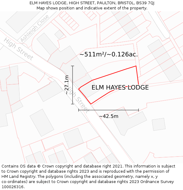 ELM HAYES LODGE, HIGH STREET, PAULTON, BRISTOL, BS39 7QJ: Plot and title map