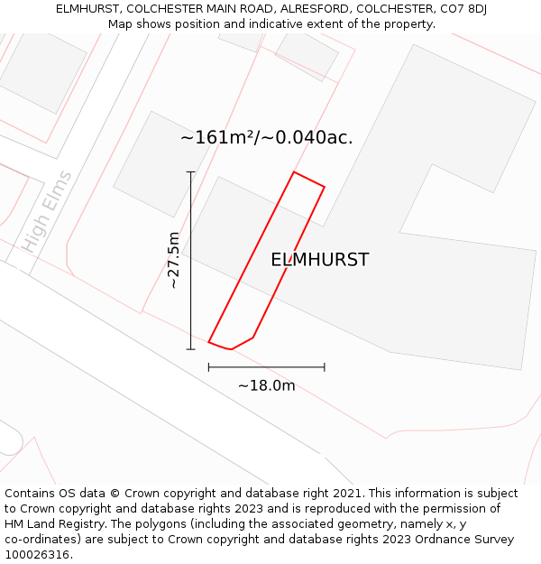 ELMHURST, COLCHESTER MAIN ROAD, ALRESFORD, COLCHESTER, CO7 8DJ: Plot and title map