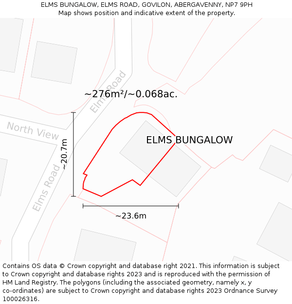 ELMS BUNGALOW, ELMS ROAD, GOVILON, ABERGAVENNY, NP7 9PH: Plot and title map