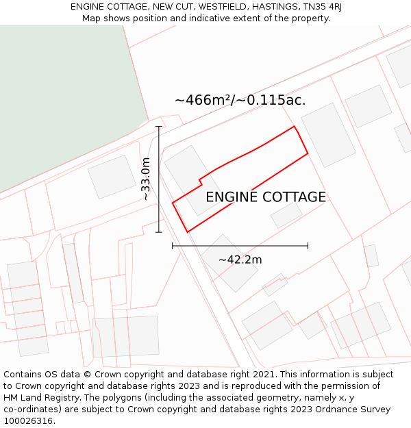 ENGINE COTTAGE, NEW CUT, WESTFIELD, HASTINGS, TN35 4RJ: Plot and title map