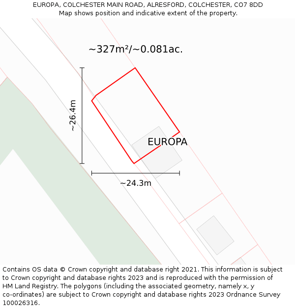 EUROPA, COLCHESTER MAIN ROAD, ALRESFORD, COLCHESTER, CO7 8DD: Plot and title map