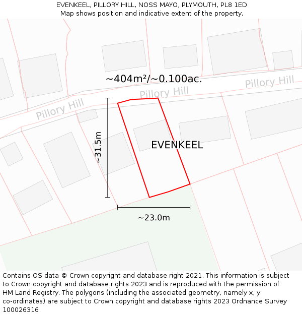 EVENKEEL, PILLORY HILL, NOSS MAYO, PLYMOUTH, PL8 1ED: Plot and title map