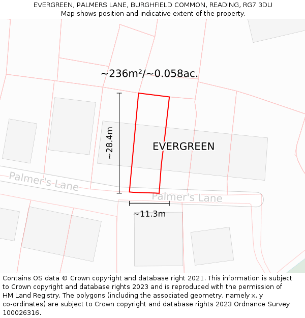 EVERGREEN, PALMERS LANE, BURGHFIELD COMMON, READING, RG7 3DU: Plot and title map