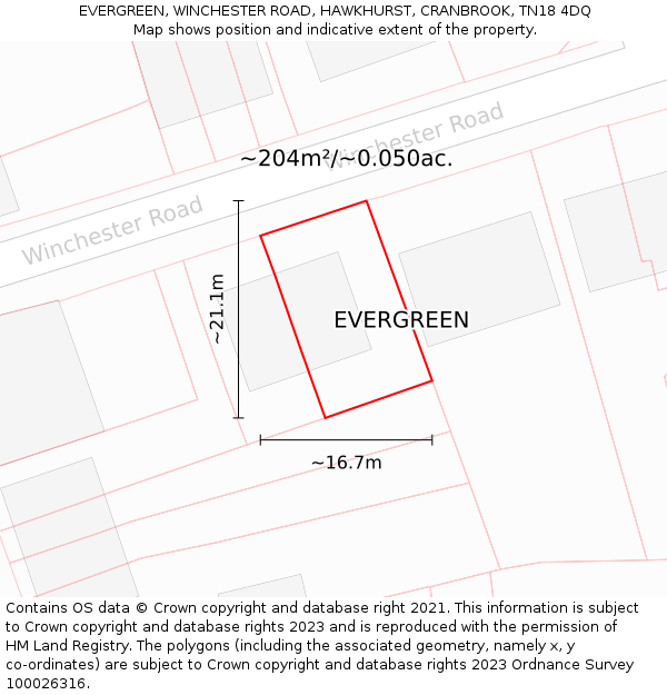 EVERGREEN, WINCHESTER ROAD, HAWKHURST, CRANBROOK, TN18 4DQ: Plot and title map