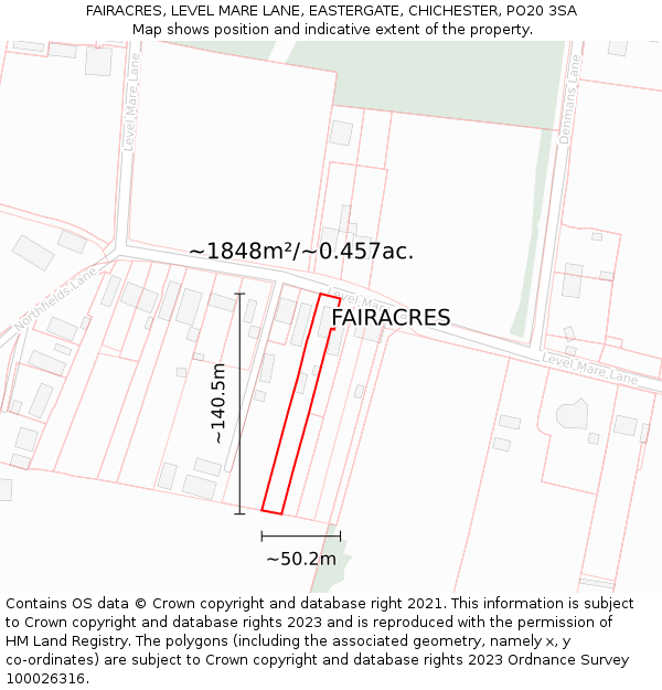 FAIRACRES, LEVEL MARE LANE, EASTERGATE, CHICHESTER, PO20 3SA: Plot and title map