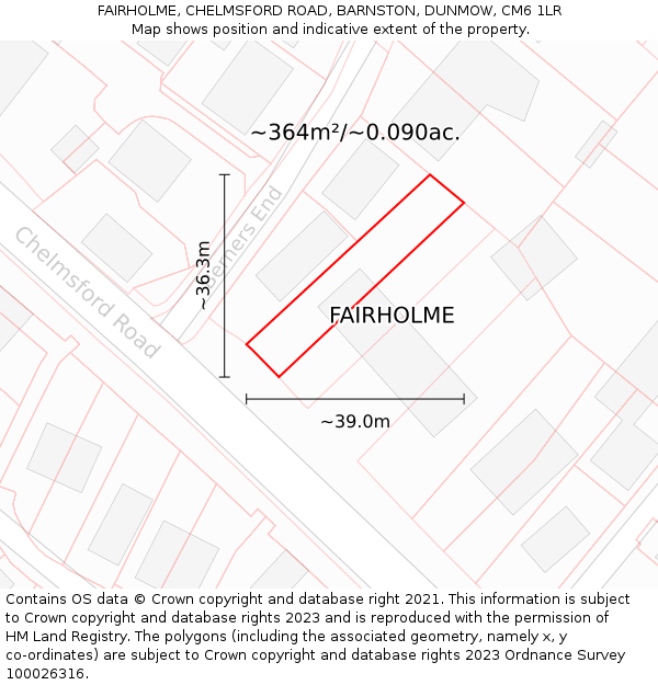 FAIRHOLME, CHELMSFORD ROAD, BARNSTON, DUNMOW, CM6 1LR: Plot and title map