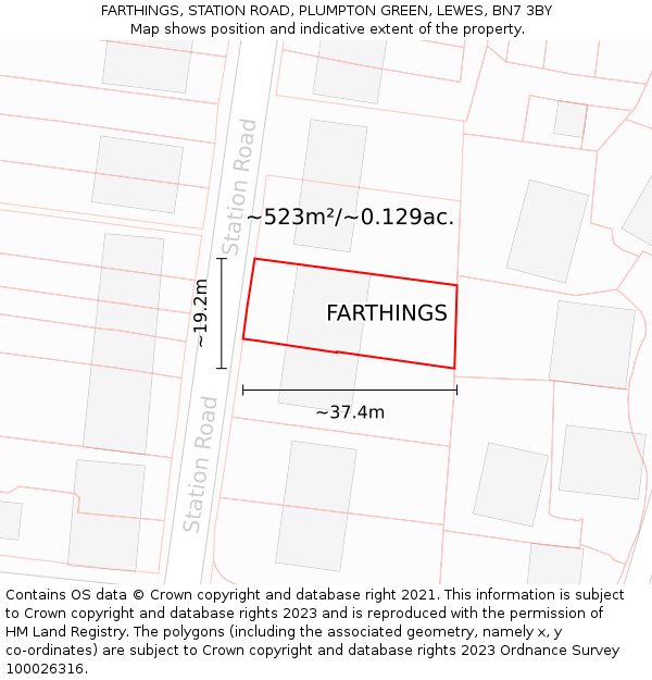 FARTHINGS, STATION ROAD, PLUMPTON GREEN, LEWES, BN7 3BY: Plot and title map