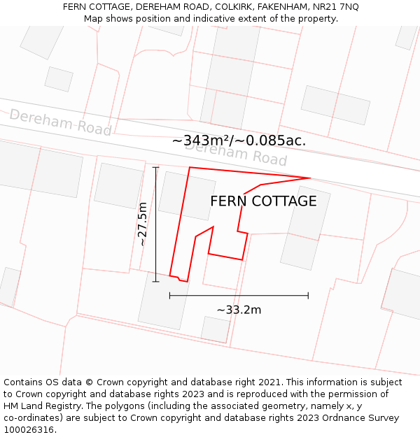 FERN COTTAGE, DEREHAM ROAD, COLKIRK, FAKENHAM, NR21 7NQ: Plot and title map