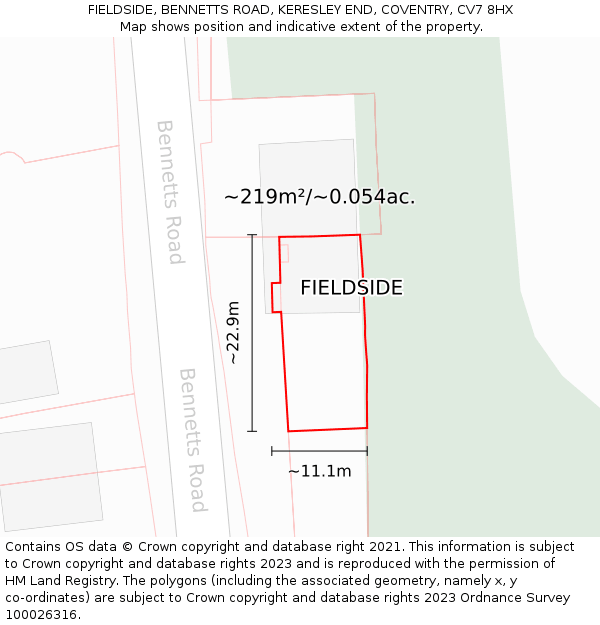 FIELDSIDE, BENNETTS ROAD, KERESLEY END, COVENTRY, CV7 8HX: Plot and title map