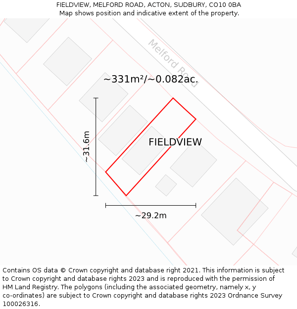 FIELDVIEW, MELFORD ROAD, ACTON, SUDBURY, CO10 0BA: Plot and title map