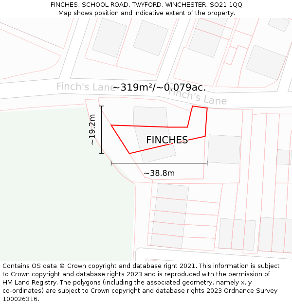 FINCHES, SCHOOL ROAD, TWYFORD, WINCHESTER, SO21 1QQ: Plot and title map