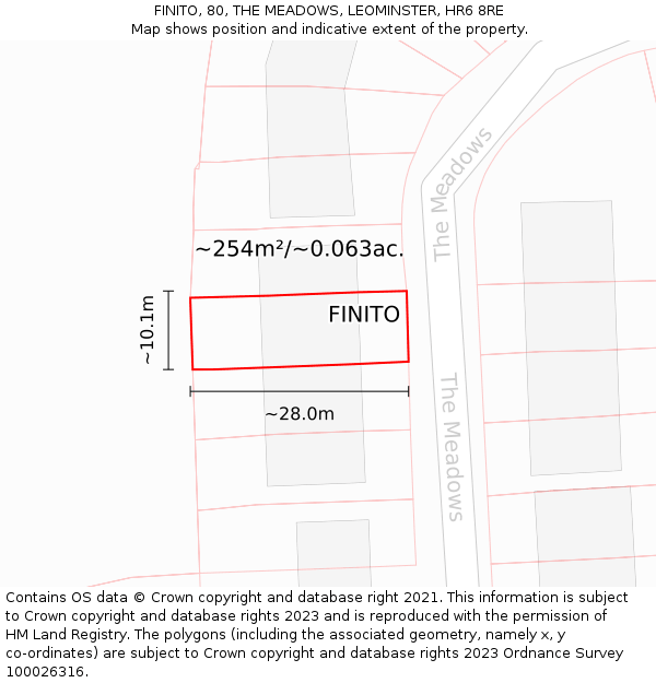 FINITO, 80, THE MEADOWS, LEOMINSTER, HR6 8RE: Plot and title map