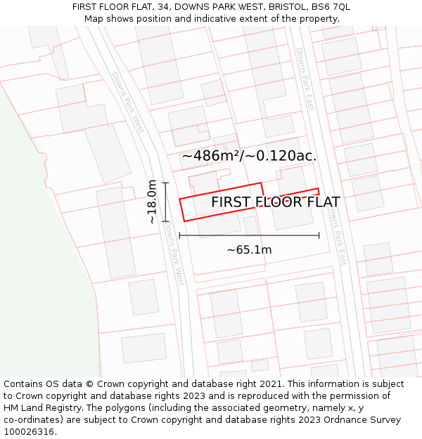 FIRST FLOOR FLAT, 34, DOWNS PARK WEST, BRISTOL, BS6 7QL: Plot and title map