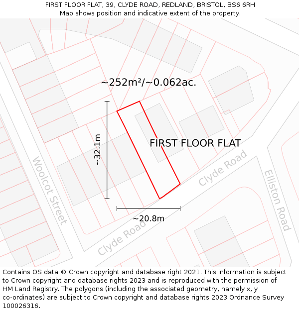 FIRST FLOOR FLAT, 39, CLYDE ROAD, REDLAND, BRISTOL, BS6 6RH: Plot and title map