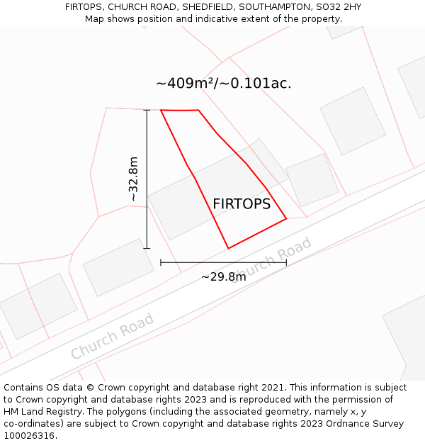 FIRTOPS, CHURCH ROAD, SHEDFIELD, SOUTHAMPTON, SO32 2HY: Plot and title map