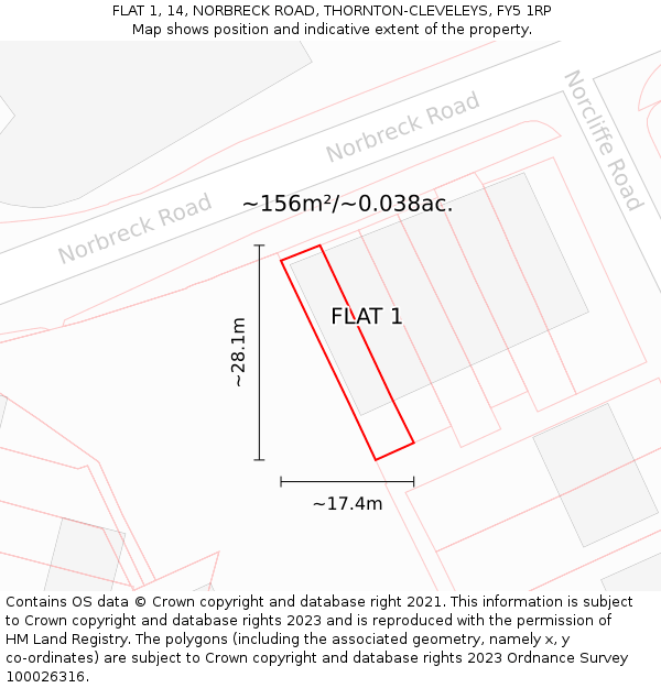 FLAT 1, 14, NORBRECK ROAD, THORNTON-CLEVELEYS, FY5 1RP: Plot and title map