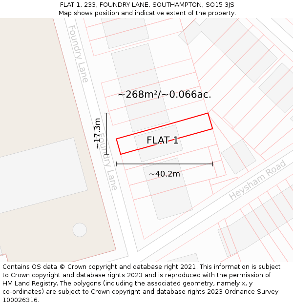 FLAT 1, 233, FOUNDRY LANE, SOUTHAMPTON, SO15 3JS: Plot and title map