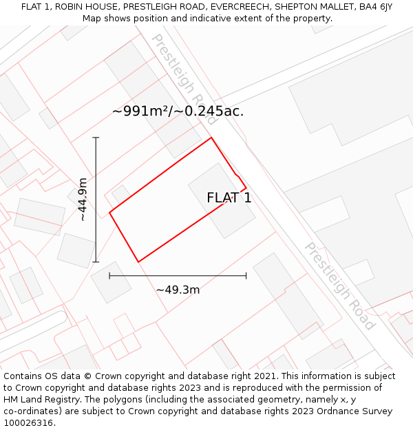 FLAT 1, ROBIN HOUSE, PRESTLEIGH ROAD, EVERCREECH, SHEPTON MALLET, BA4 6JY: Plot and title map