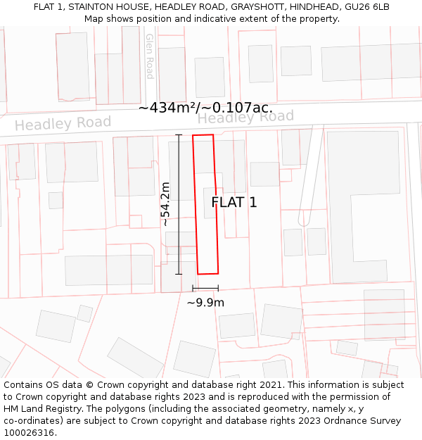 FLAT 1, STAINTON HOUSE, HEADLEY ROAD, GRAYSHOTT, HINDHEAD, GU26 6LB: Plot and title map