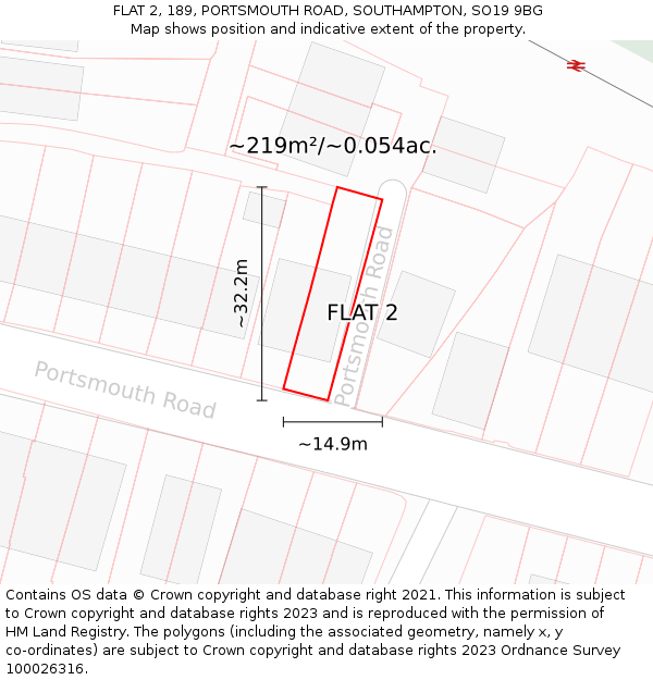 FLAT 2, 189, PORTSMOUTH ROAD, SOUTHAMPTON, SO19 9BG: Plot and title map