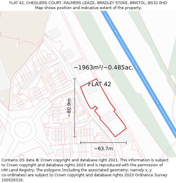 FLAT 42, CHEQUERS COURT, PALMERS LEAZE, BRADLEY STOKE, BRISTOL, BS32 0HD: Plot and title map