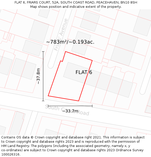 FLAT 6, FRIARS COURT, 52A, SOUTH COAST ROAD, PEACEHAVEN, BN10 8SH: Plot and title map