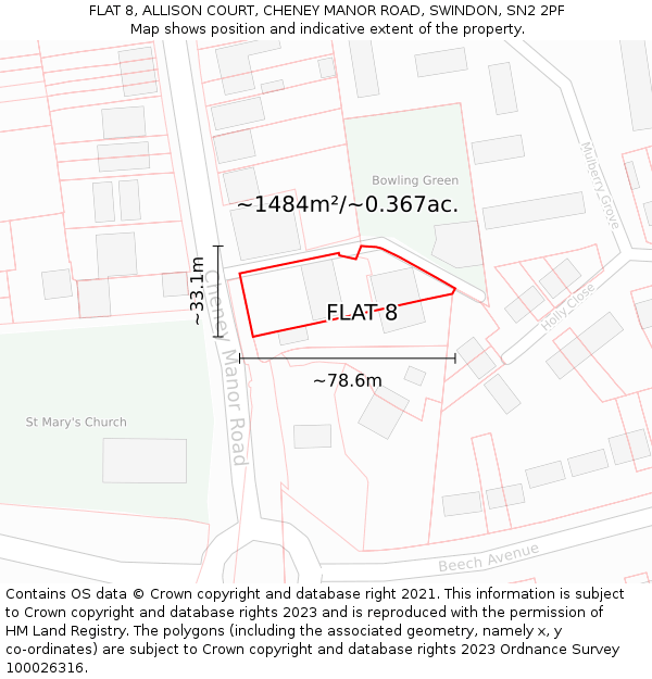 FLAT 8, ALLISON COURT, CHENEY MANOR ROAD, SWINDON, SN2 2PF: Plot and title map