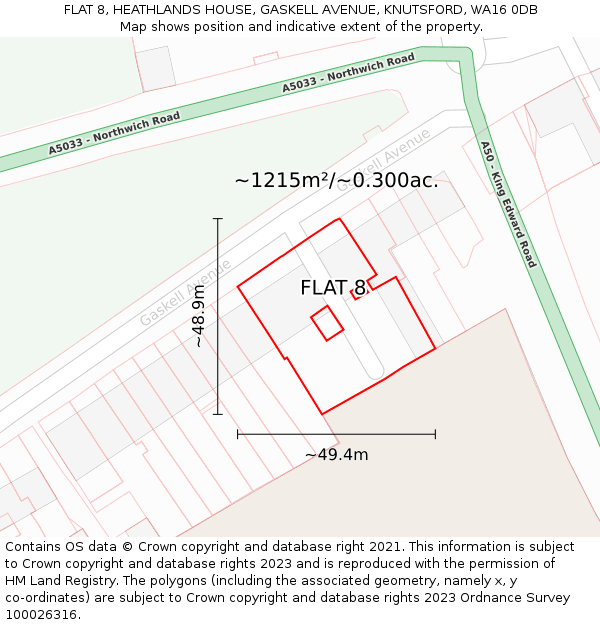 FLAT 8, HEATHLANDS HOUSE, GASKELL AVENUE, KNUTSFORD, WA16 0DB: Plot and title map