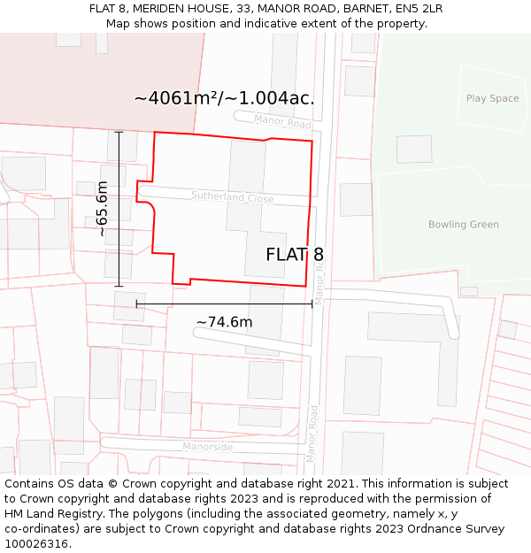 FLAT 8, MERIDEN HOUSE, 33, MANOR ROAD, BARNET, EN5 2LR: Plot and title map