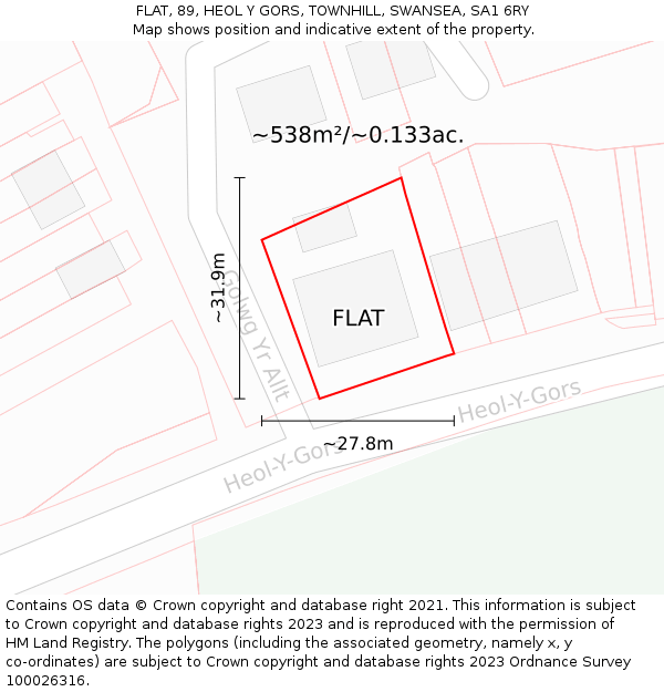 FLAT, 89, HEOL Y GORS, TOWNHILL, SWANSEA, SA1 6RY: Plot and title map