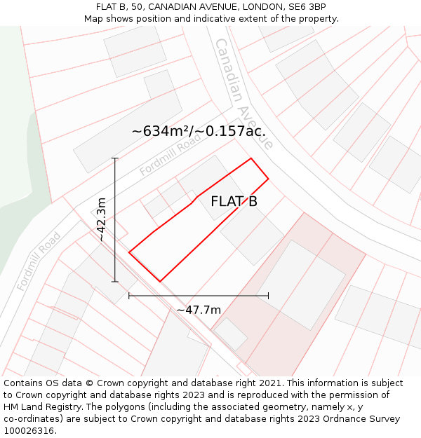 FLAT B, 50, CANADIAN AVENUE, LONDON, SE6 3BP: Plot and title map