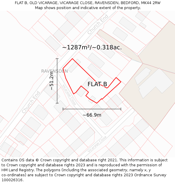 FLAT B, OLD VICARAGE, VICARAGE CLOSE, RAVENSDEN, BEDFORD, MK44 2RW: Plot and title map