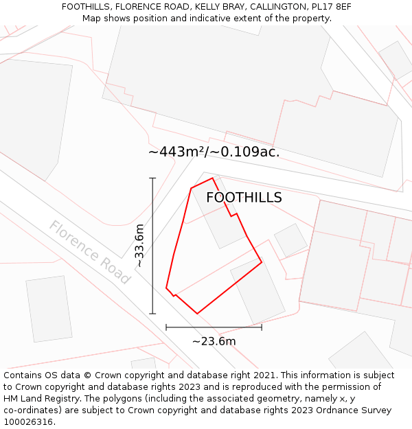 FOOTHILLS, FLORENCE ROAD, KELLY BRAY, CALLINGTON, PL17 8EF: Plot and title map