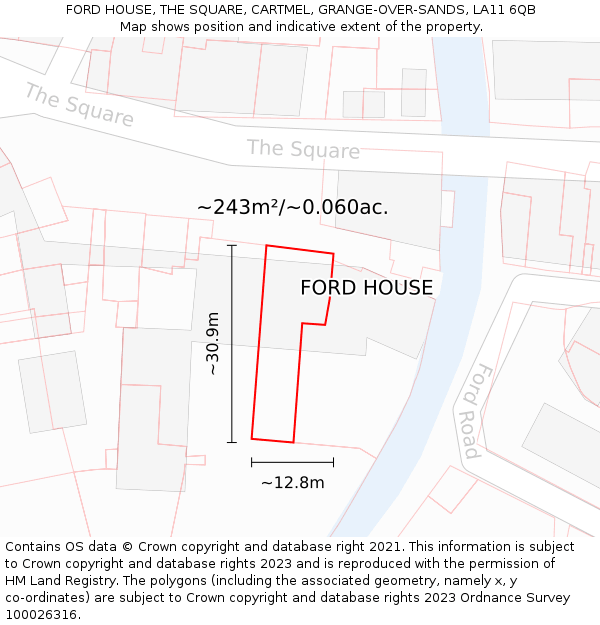 FORD HOUSE, THE SQUARE, CARTMEL, GRANGE-OVER-SANDS, LA11 6QB: Plot and title map