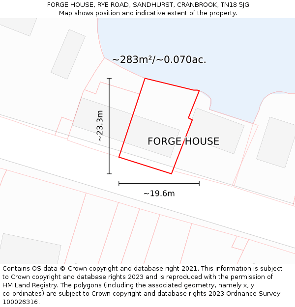 FORGE HOUSE, RYE ROAD, SANDHURST, CRANBROOK, TN18 5JG: Plot and title map