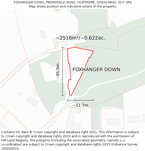 FOXHANGER DOWN, PRIORSFIELD ROAD, HURTMORE, GODALMING, GU7 2RG: Plot and title map