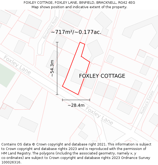 FOXLEY COTTAGE, FOXLEY LANE, BINFIELD, BRACKNELL, RG42 4EG: Plot and title map