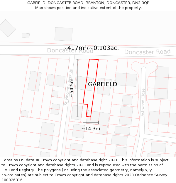 GARFIELD, DONCASTER ROAD, BRANTON, DONCASTER, DN3 3QP: Plot and title map