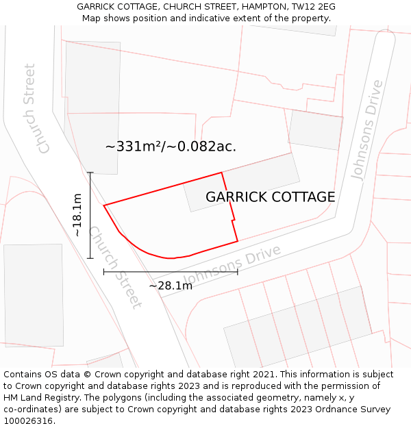 GARRICK COTTAGE, CHURCH STREET, HAMPTON, TW12 2EG: Plot and title map