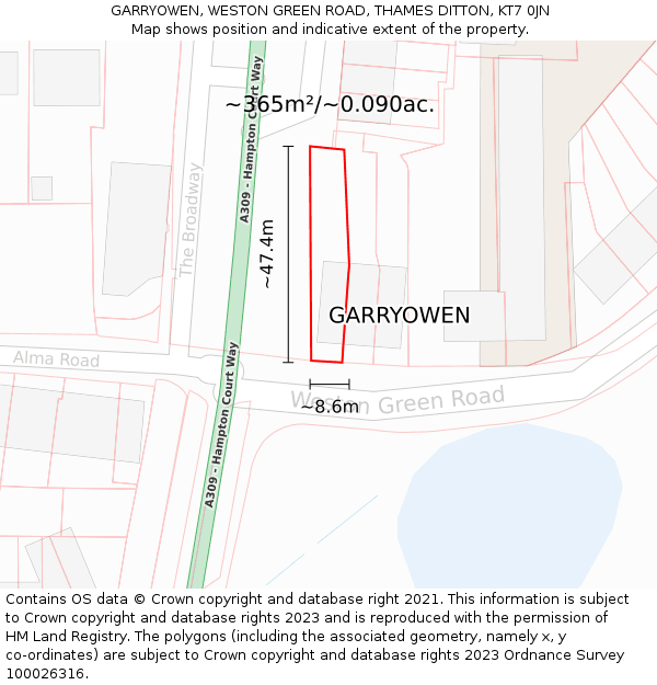 GARRYOWEN, WESTON GREEN ROAD, THAMES DITTON, KT7 0JN: Plot and title map