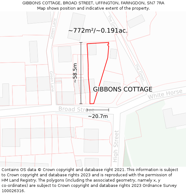 GIBBONS COTTAGE, BROAD STREET, UFFINGTON, FARINGDON, SN7 7RA: Plot and title map