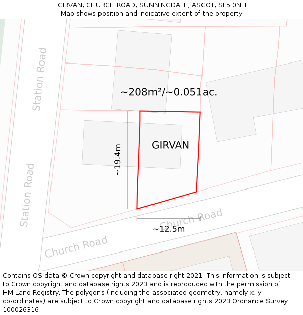 GIRVAN, CHURCH ROAD, SUNNINGDALE, ASCOT, SL5 0NH: Plot and title map