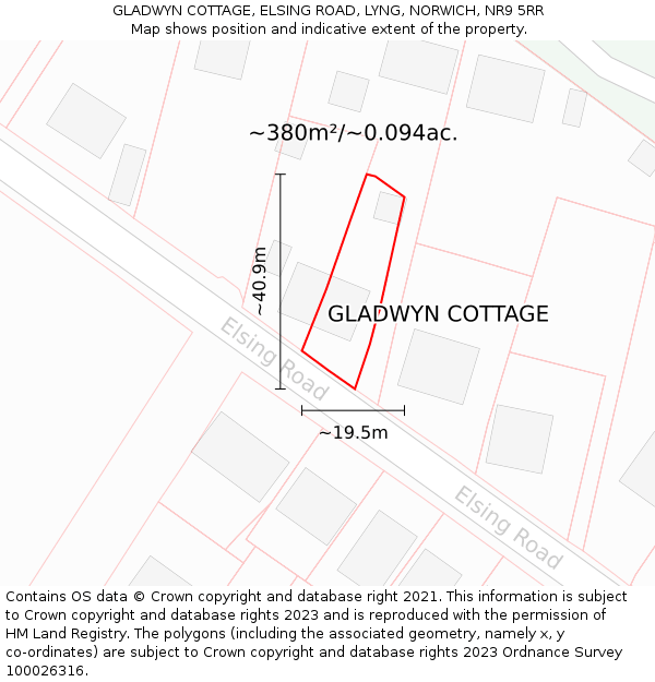 GLADWYN COTTAGE, ELSING ROAD, LYNG, NORWICH, NR9 5RR: Plot and title map