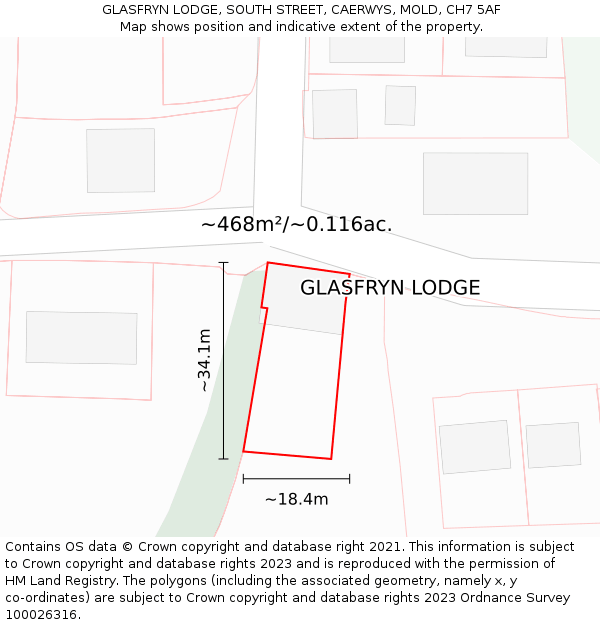 GLASFRYN LODGE, SOUTH STREET, CAERWYS, MOLD, CH7 5AF: Plot and title map