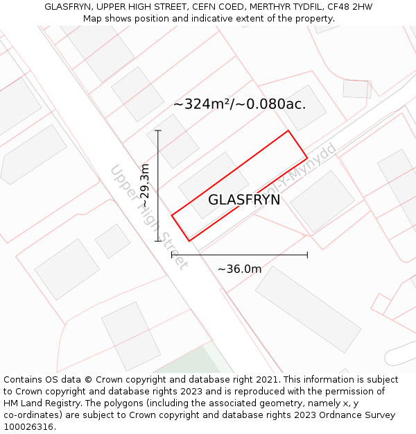 GLASFRYN, UPPER HIGH STREET, CEFN COED, MERTHYR TYDFIL, CF48 2HW: Plot and title map